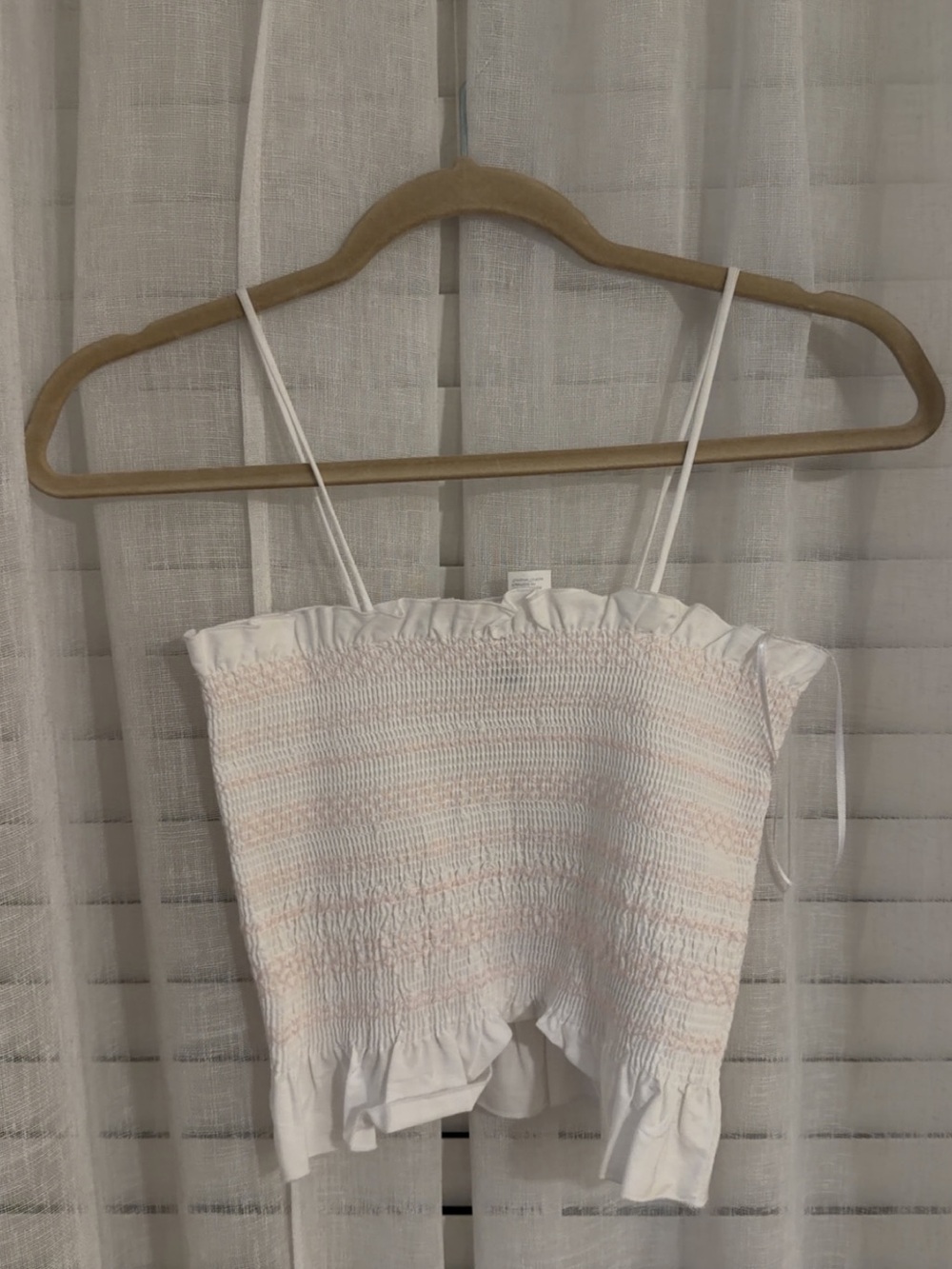 Divided White Smocked Cami with Pale Pink Stitching & Ruffle Trim